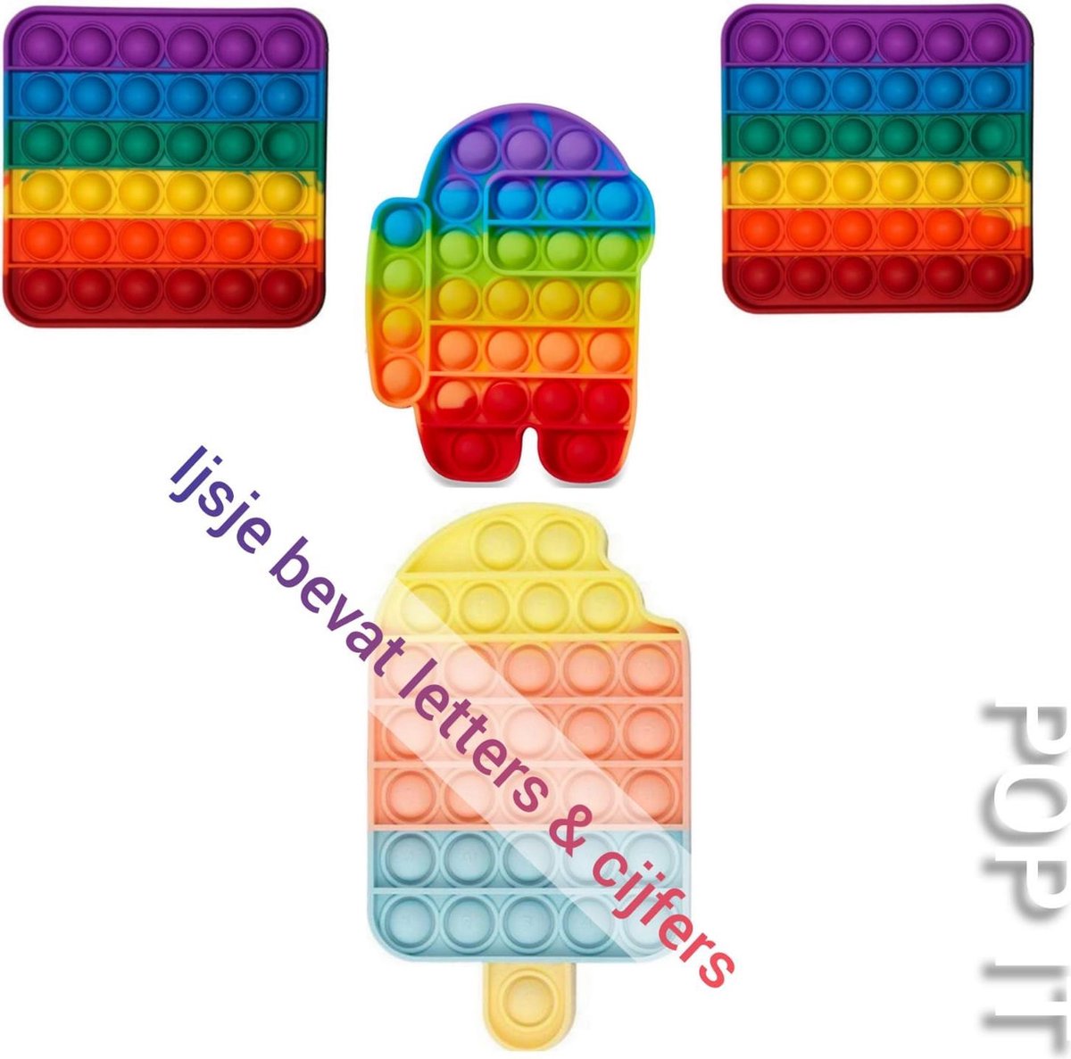 Pop It | Fidget toys | Pakket van 4 stuks | Regenboog Among us + 2x Regenboog vierkant + Multi ijsje *ijsje bevat letters en cijfers* | Speelgoed meisjes + jongens + volwassen | Pop It | Fidget toy